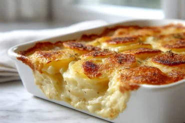 Heerlijke aardappelgratin met een perfect krokante bovenkant, bereid in de Airfryer.