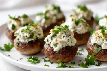 Heerlijke gevulde champignons bereid in de airfryer, perfect voor een feestje.