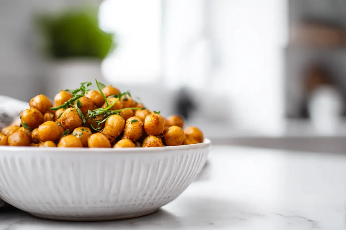 Krokante kikkererwten roosteren in de heteluchtfriteuse voor een heerlijke snack.