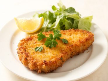 Kipkrokante schnitzel die perfect gebakken is in de Airfryer met een heerlijke krokante laag.