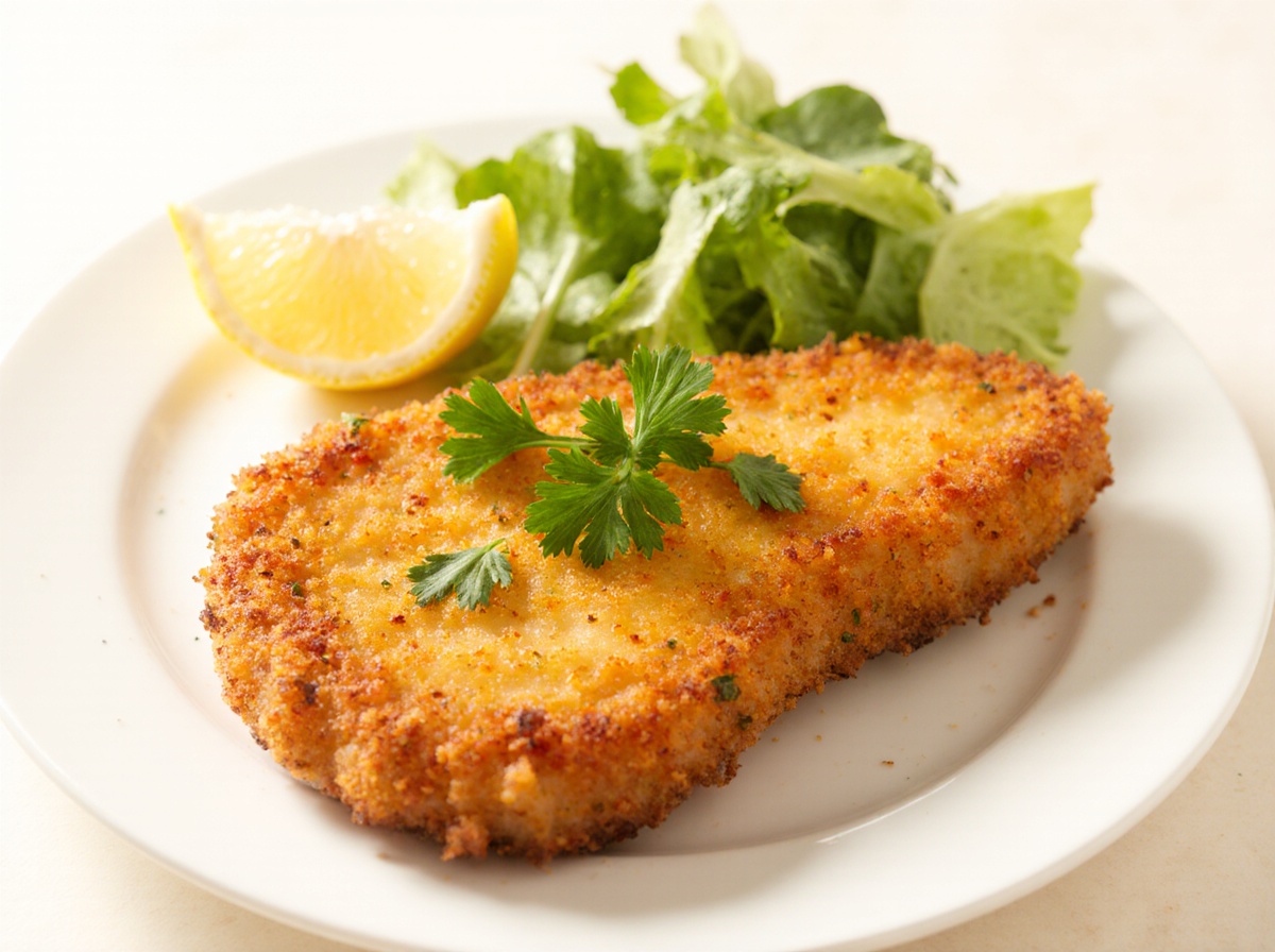 Kipkrokante schnitzel die perfect gebakken is in de Airfryer met een heerlijke krokante laag.