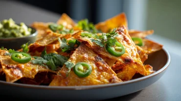 Heerlijke nacho's bereid in de Airfryer met gesmolten kaas en toppings.