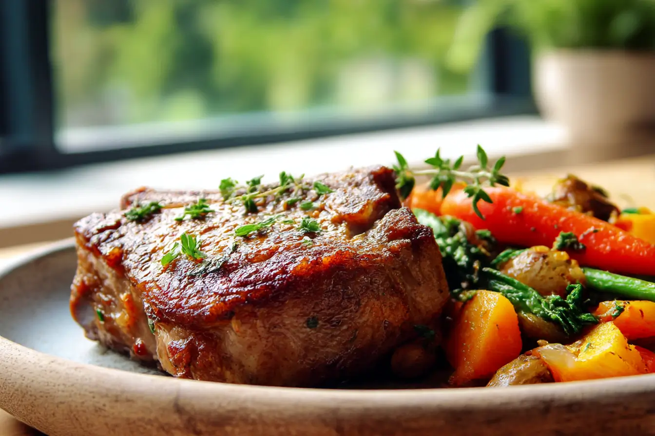 Heerlijke schouderkarbonade bereid in de Heteluchtfriteuse voor een knapperige buitenkant.