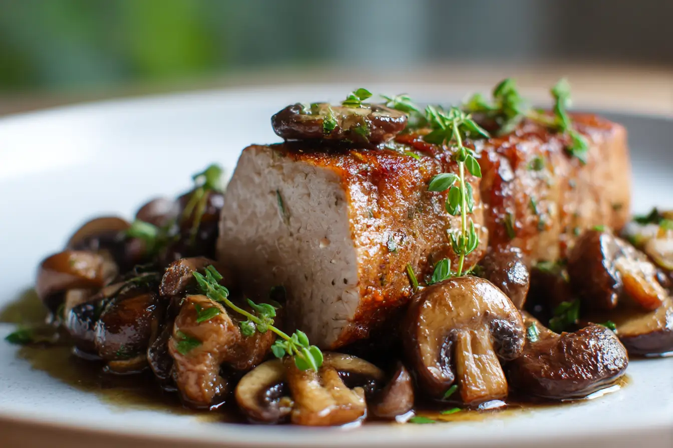Heerlijke varkenshaas met champignons bereid in de heteluchtfriteuse.