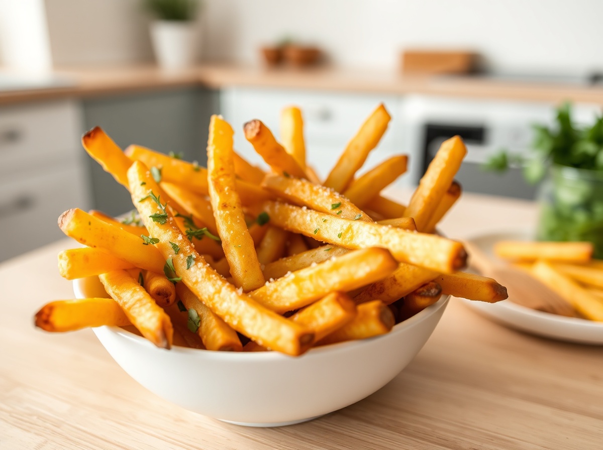 Heerlijke verse friet bereid met de airfryer, knapperig en vol smaak.