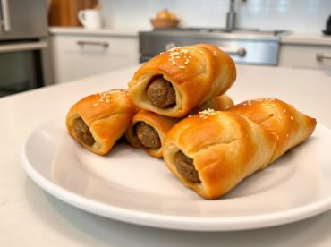 Heerlijke worstenbroodjes gebakken in de heteluchtfriteuse voor een gouden korst.