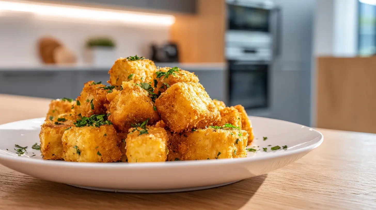 Heerlijke gebakken tofu in de Heteluchtfriteuse, perfect krokant en vol van smaak.