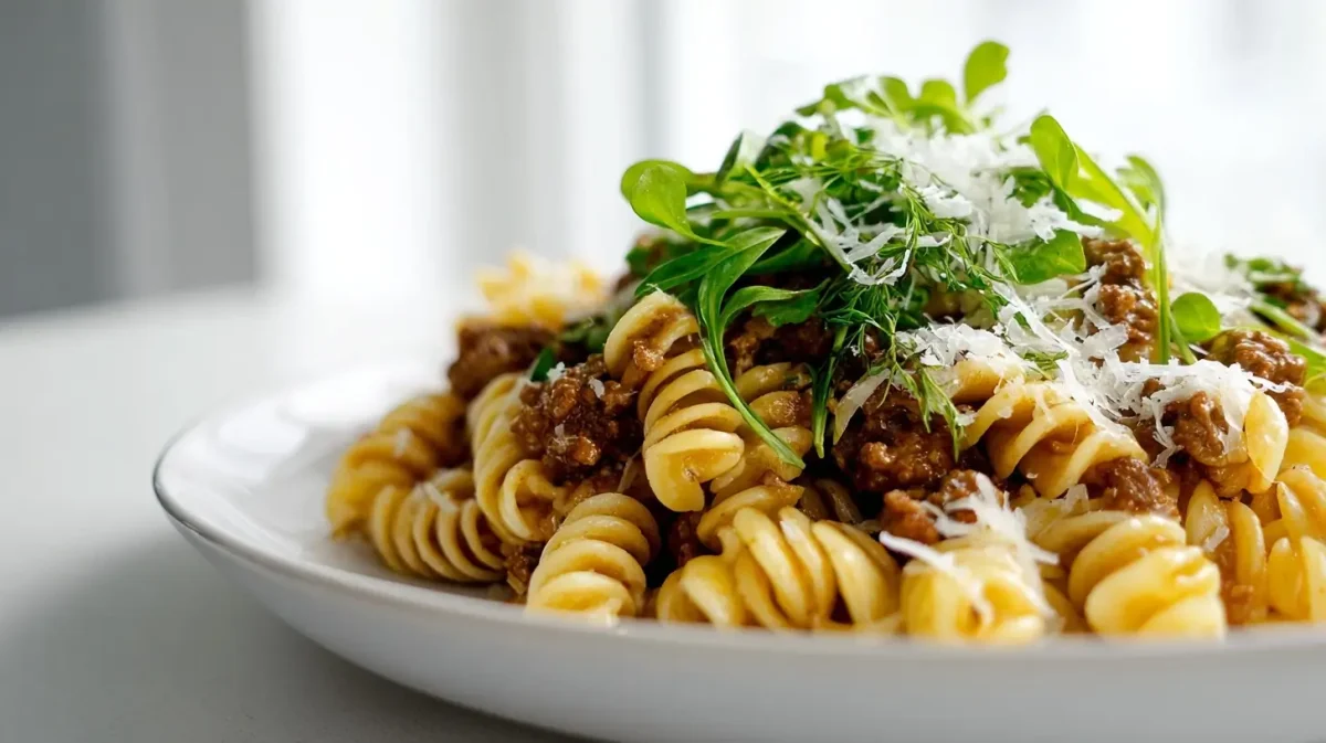 Heerlijke gehakt pasta, perfect bereid in de Heteluchtfriteuse voor een snelle maaltijd.