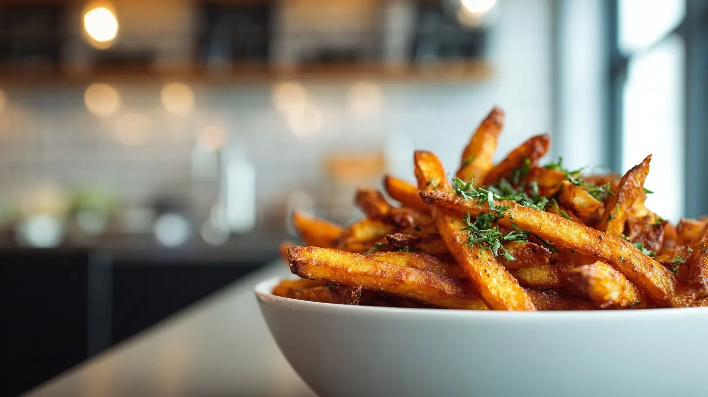 Heerlijke knolselder frieten bereid in de heteluchtfriteuse voor een gezondere snack.