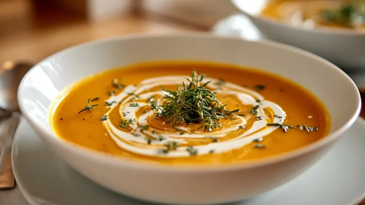 Heerlijke pompoensoep bereid met de Airfryer voor een snelle en smaakvolle maaltijd.