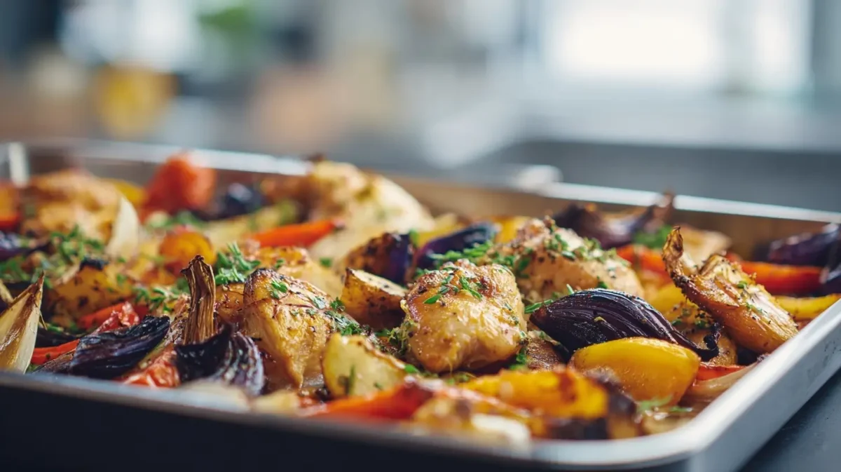 Heerlijke traybake vol seizoensgroenten en kruiden, perfect bereid in de Airfryer.