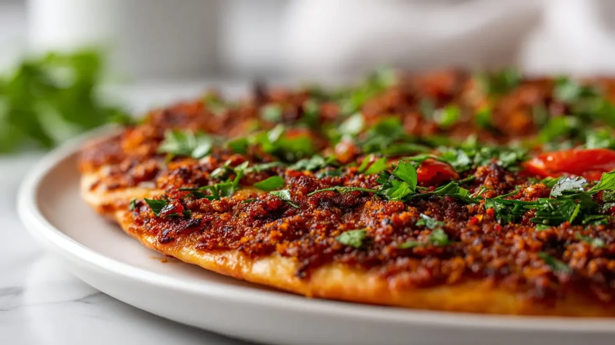 Heerlijke Turkse pizza (lahmacun) bereid in de Airfryer, perfect krokant en vol smaak.