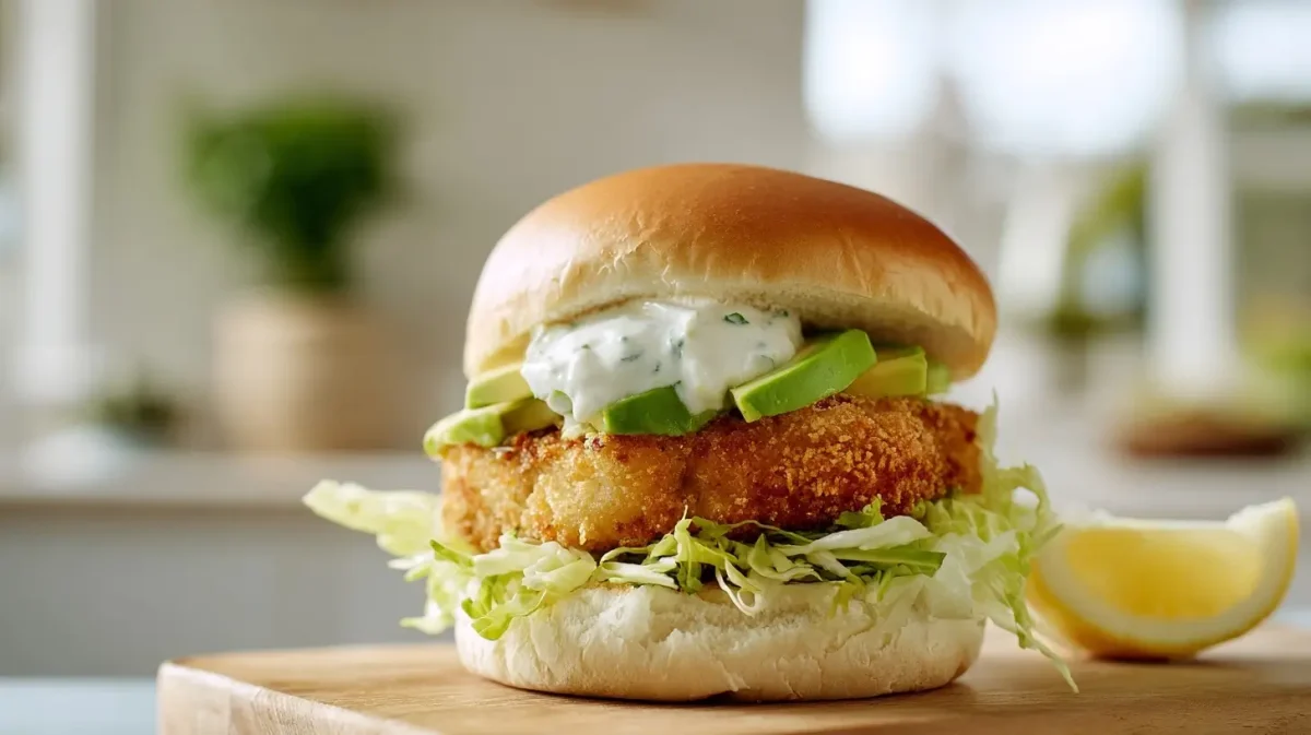 Heerlijke visburger bereid in de Airfryer voor een knapperige en smaakvolle maaltijd.
