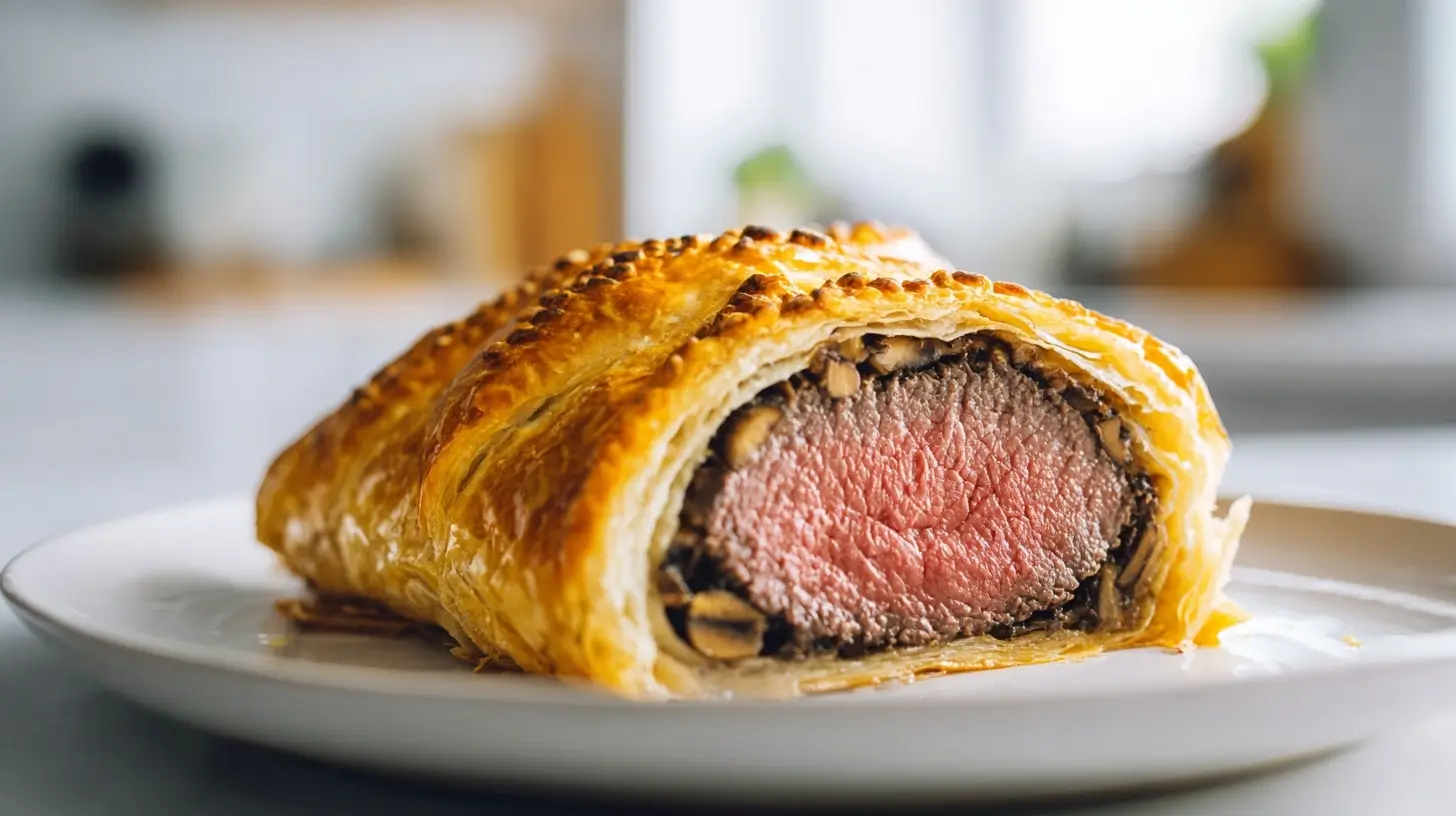 Heerlijke Beef Wellington bereid in de heteluchtfriteuse, perfect goudbruin en smaakvol.