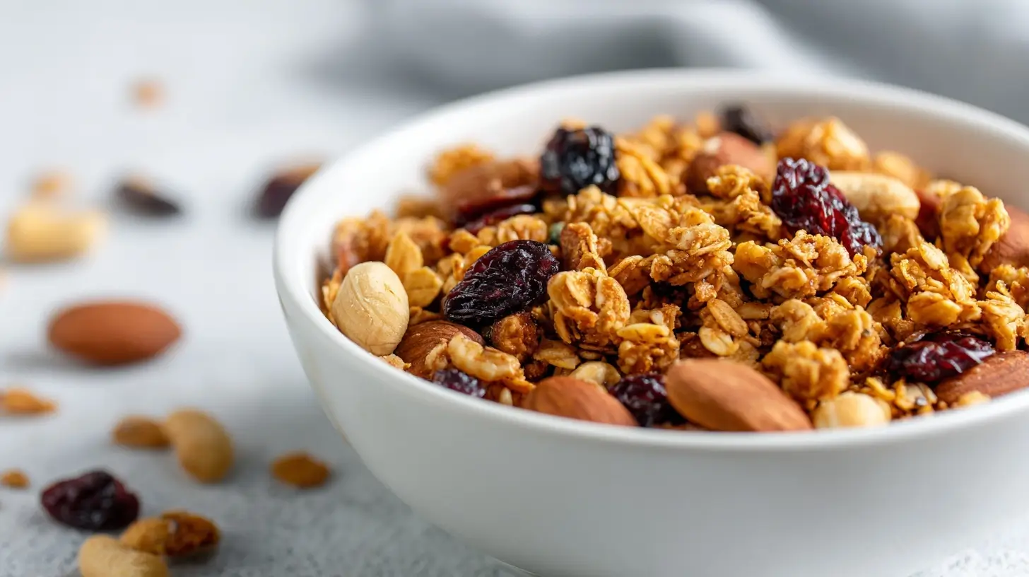 Heerlijke granola met noten, vers gebakken in de Airfryer voor een gezonde start van de dag.