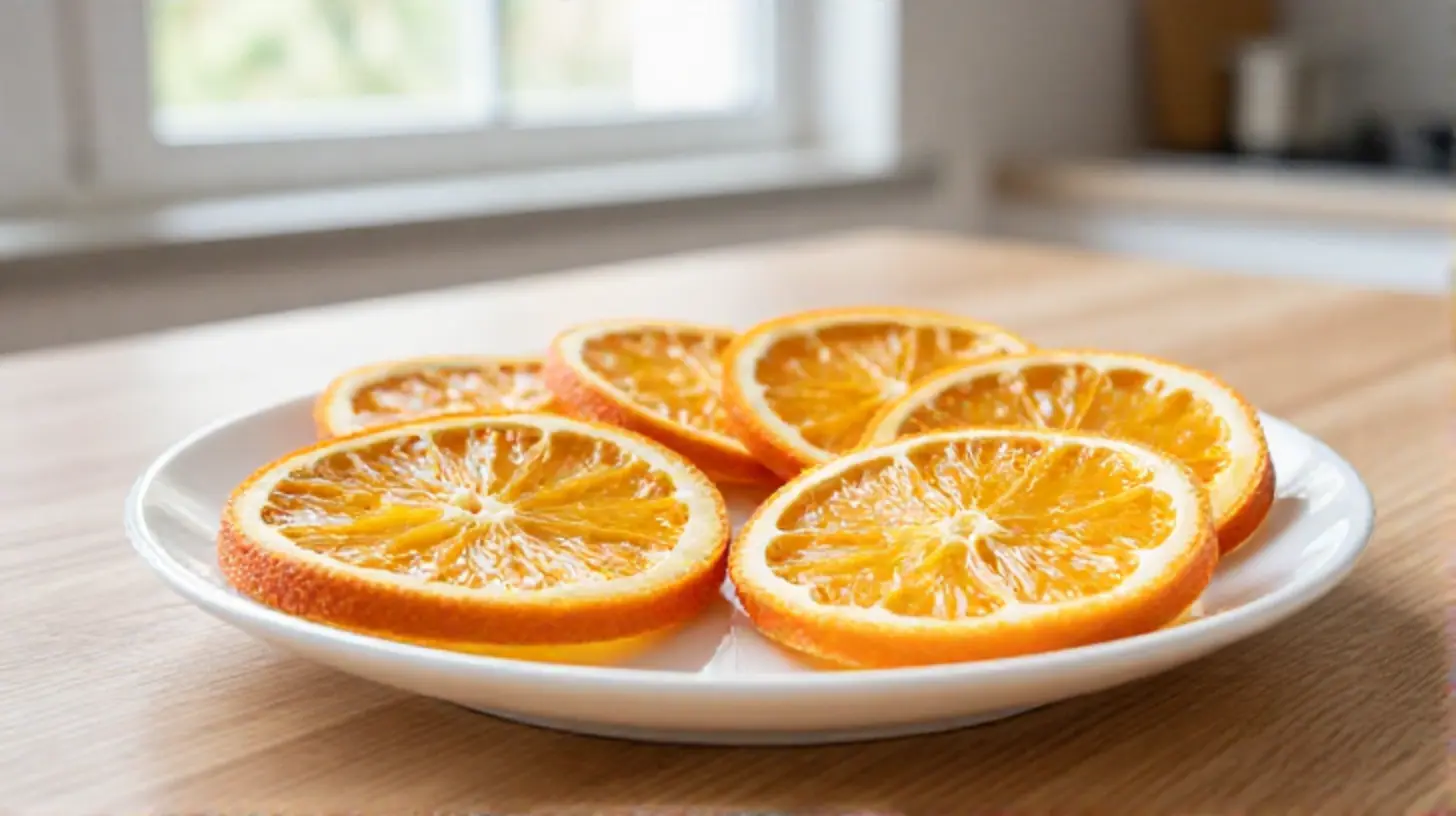 Gele sinaasappelschijfjes die perfect gedroogd zijn in de Airfryer voor een gezonde snack.