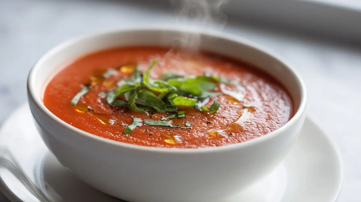 Heerlijke tomatensoep gemaakt in de Airfryer, vol smaak en gezonde ingrediënten.