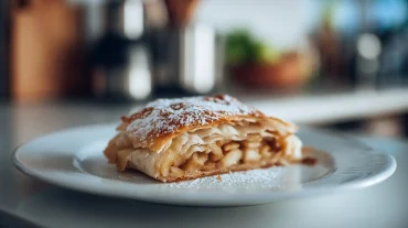 Heerlijke diepvries apfelstrudel afgebakken in de heteluchtfriteuse voor een perfect knapperige korst.