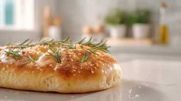 Heerlijke homemade focaccia afgebakken in de heteluchtfriteuse met verse kruiden.