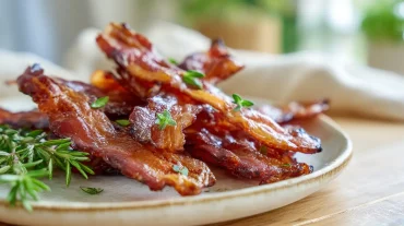 Mals gerookte spekreepjes perfect bereid in de Heteluchtfriteuse voor een heerlijke snack.
