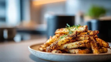 Licht pittige koolraap friet met een perfect krokante laag bereid in de Heteluchtfriteuse.