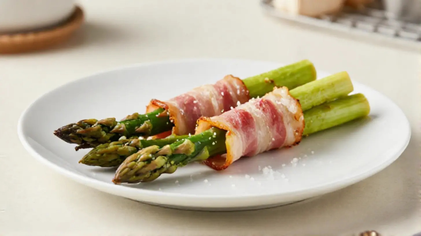 Heerlijke groene asperges met spek in de Heteluchtfriteuse, perfect knapperig en vol smaak.