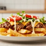 Heerlijke kapsalon bereid in de Heteluchtfriteuse met krokante frietjes en sappig vlees.