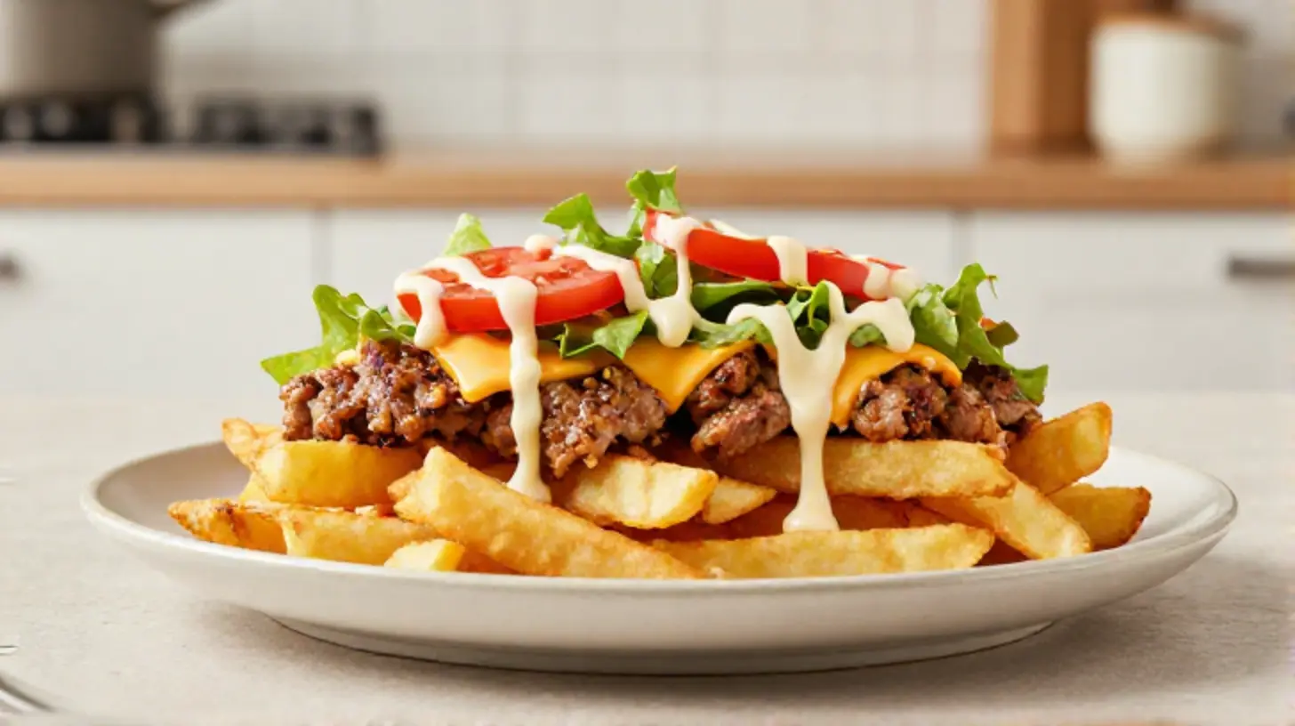 Heerlijke kapsalon bereid in de Heteluchtfriteuse met krokante frietjes en sappig vlees.