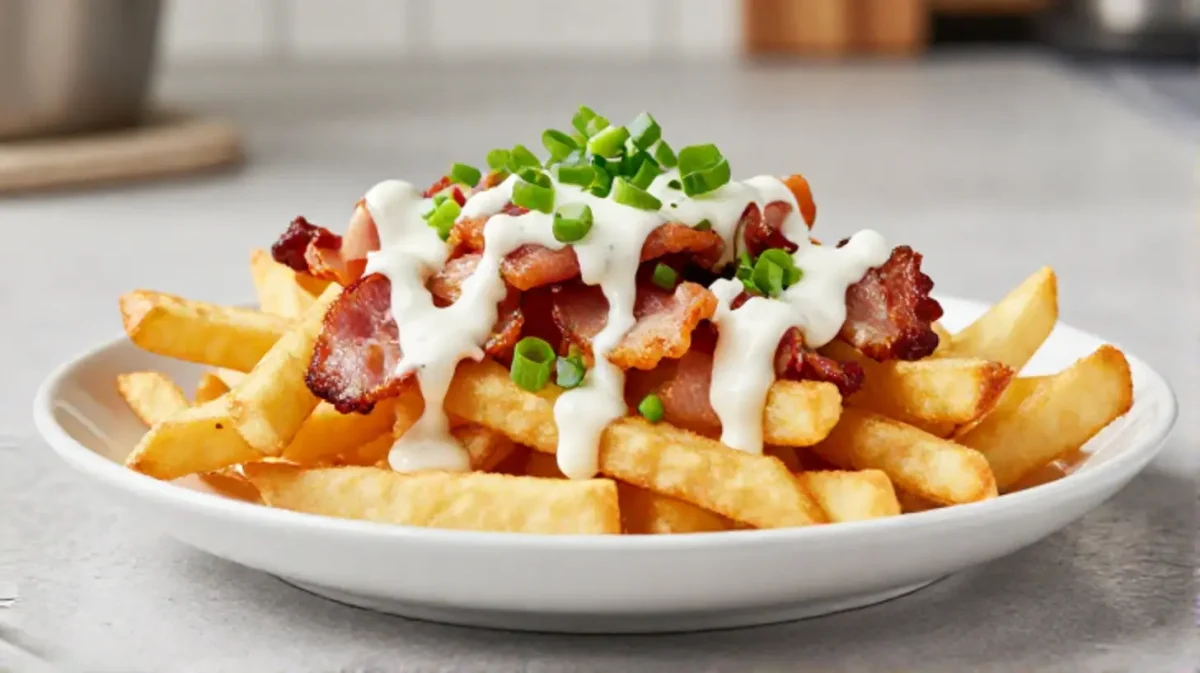 Heerlijke loaded fries met gesmolten kaas en toppings, perfect bereid in de Heteluchtfriteuse.