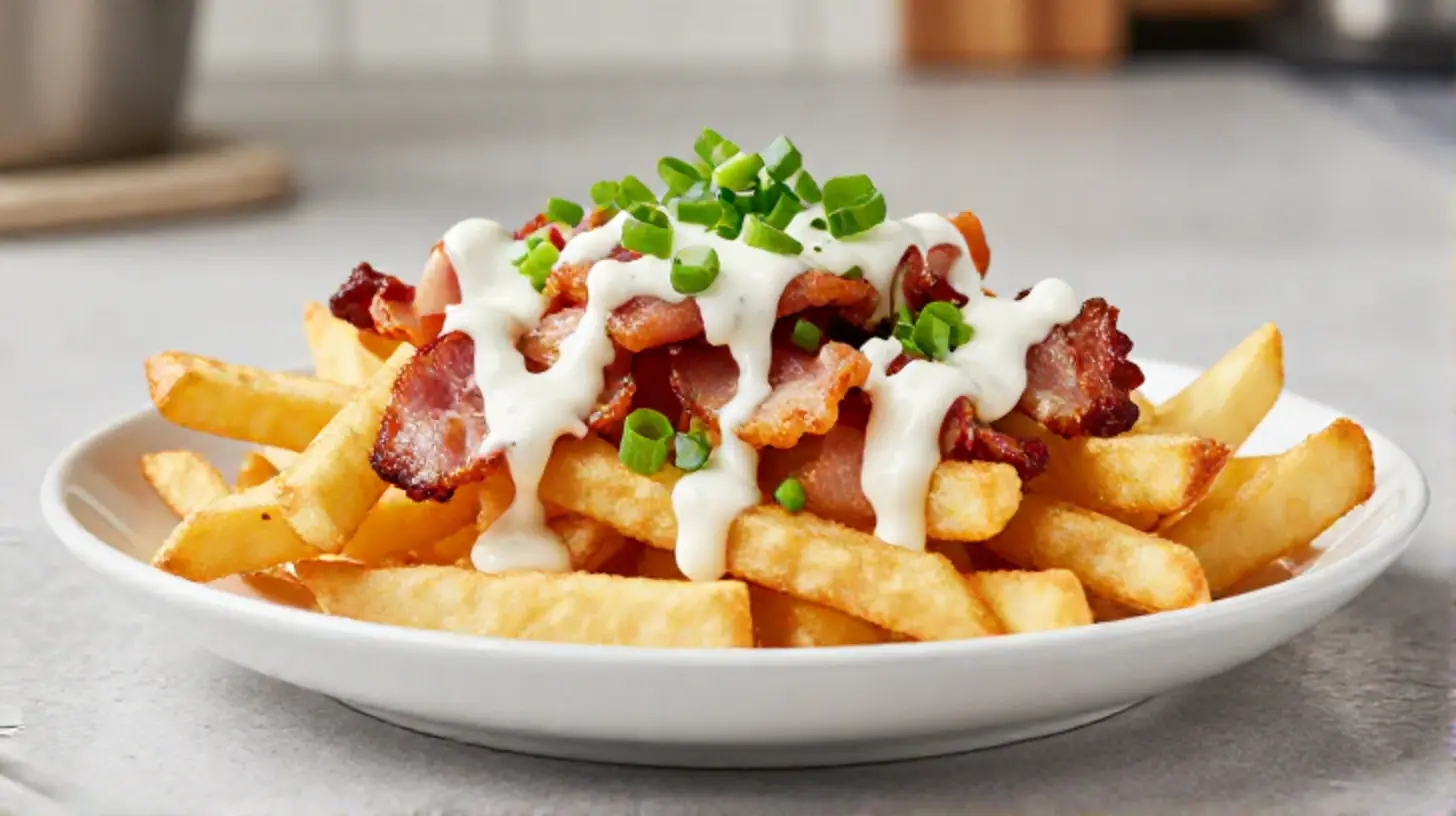 Heerlijke loaded fries met gesmolten kaas en toppings, perfect bereid in de Heteluchtfriteuse.