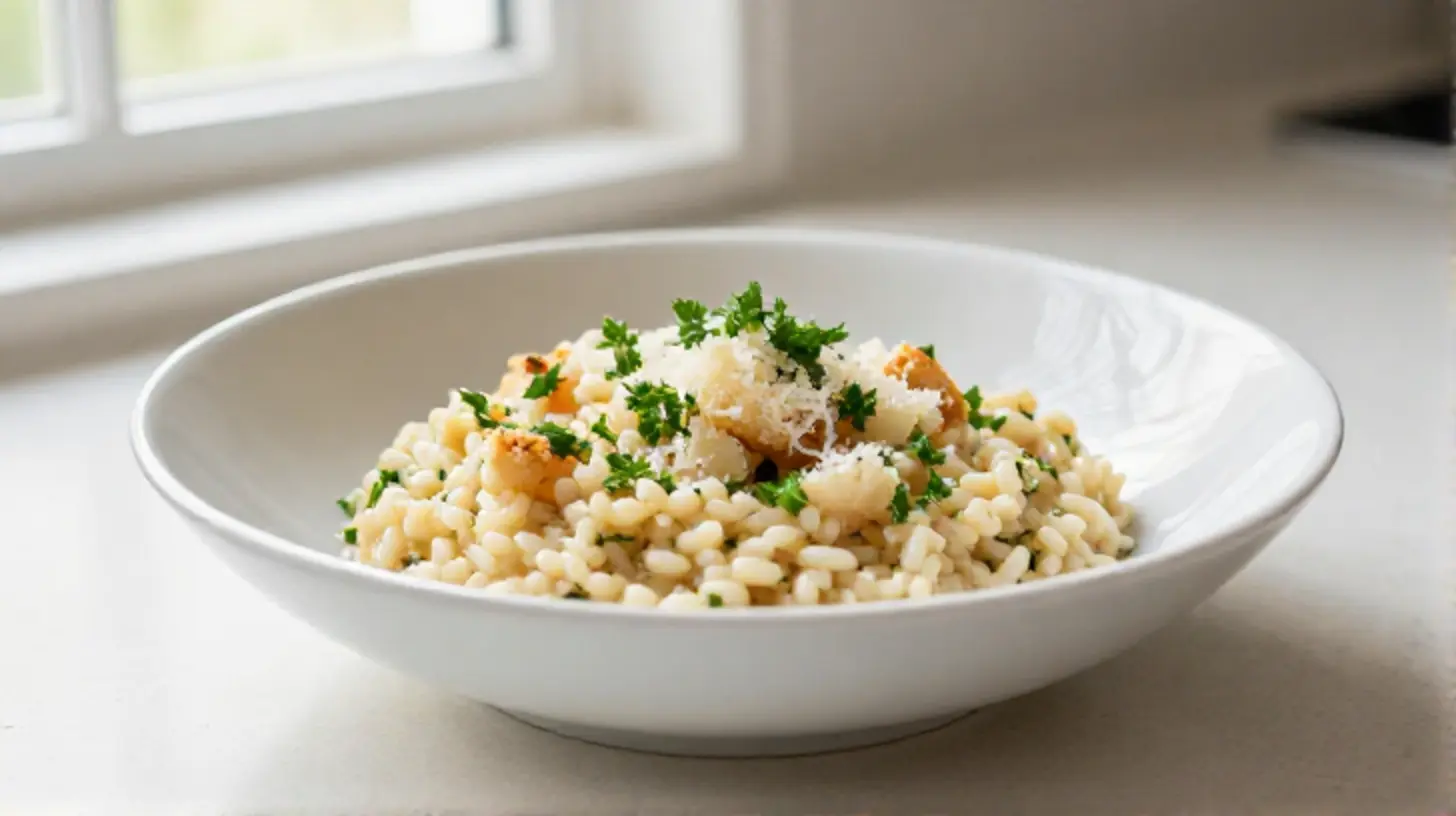 Romige risotto bereid met verse ingrediënten in de Airfryer.