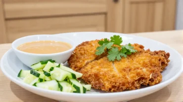 Heerlijke sate schnitzel bereid in de Heteluchtfriteuse voor een knapperig resultaat.