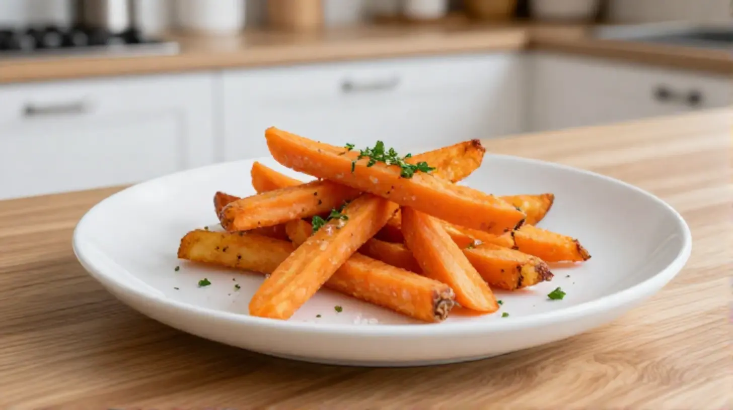 Heerlijke wortelfrieten gekookt in de Heteluchtfriteuse voor een gezonde snack.