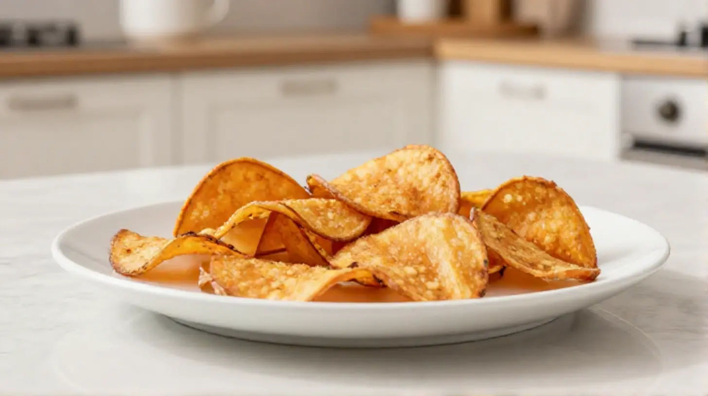 Knapperige zoete aardappelchips in de Heteluchtfriteuse voor een gezonde snack.