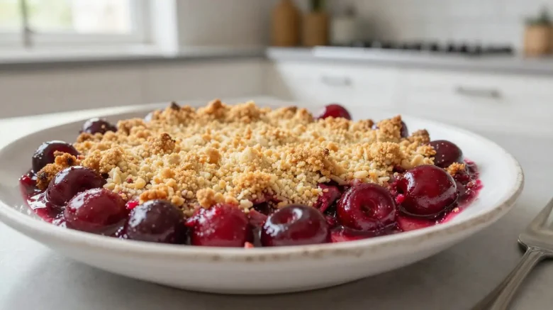 Heerlijke kersencrumble gemaakt in de Airfryer, perfect als toetje.