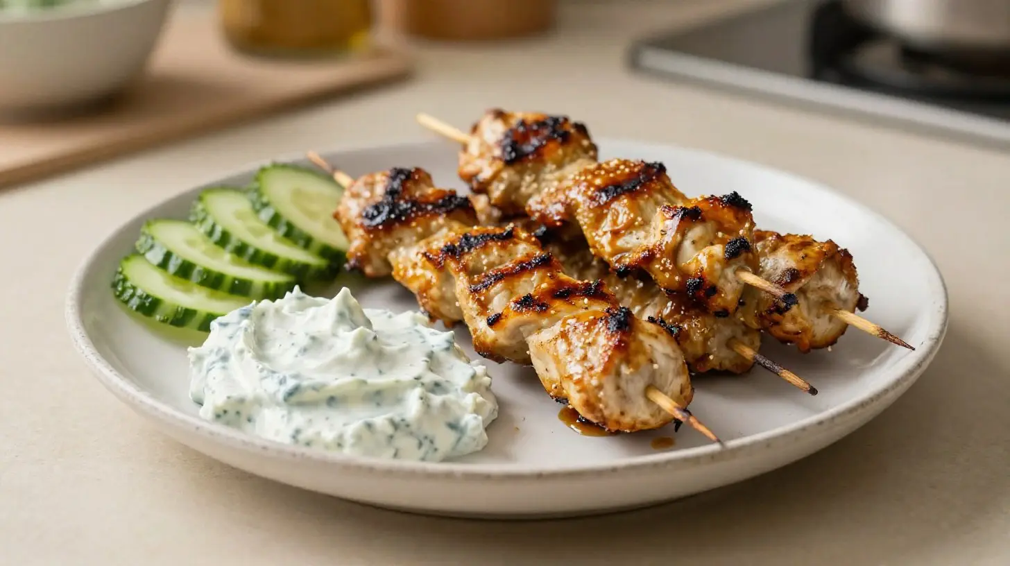 Heerlijke kip souvlaki bereid in de Airfryer voor een gezonde maaltijd.
