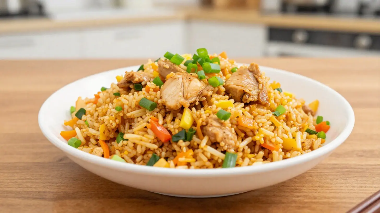 Heerlijk nasi goreng bereid in de Airfryer met knapperige groenten.