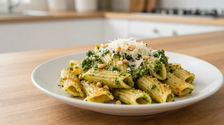 Heerlijke pasta pesto bereid in de Airfryer met verse ingrediënten.