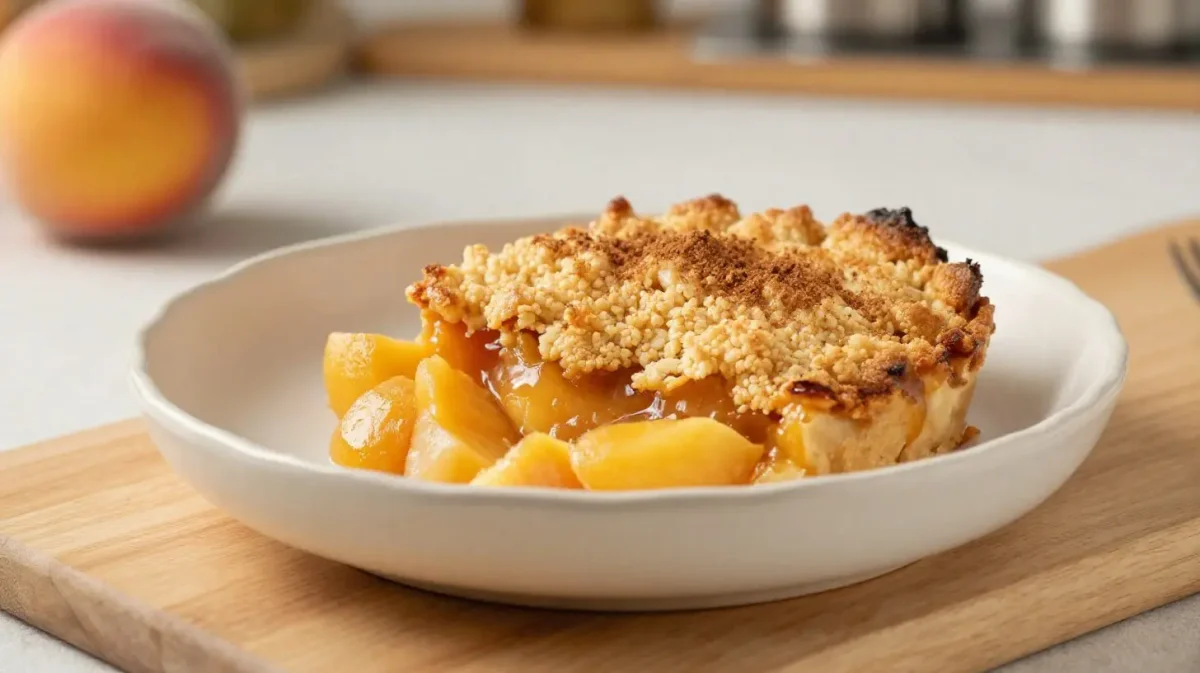 Heerlijke perzikcrumble bereid in de Airfryer met een knapperige bovenlaag.