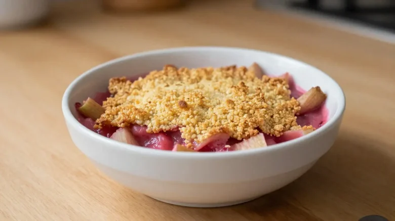 Heerlijke rabarbercrumble bereid in de Airfryer met een knapperige bovenlaag.