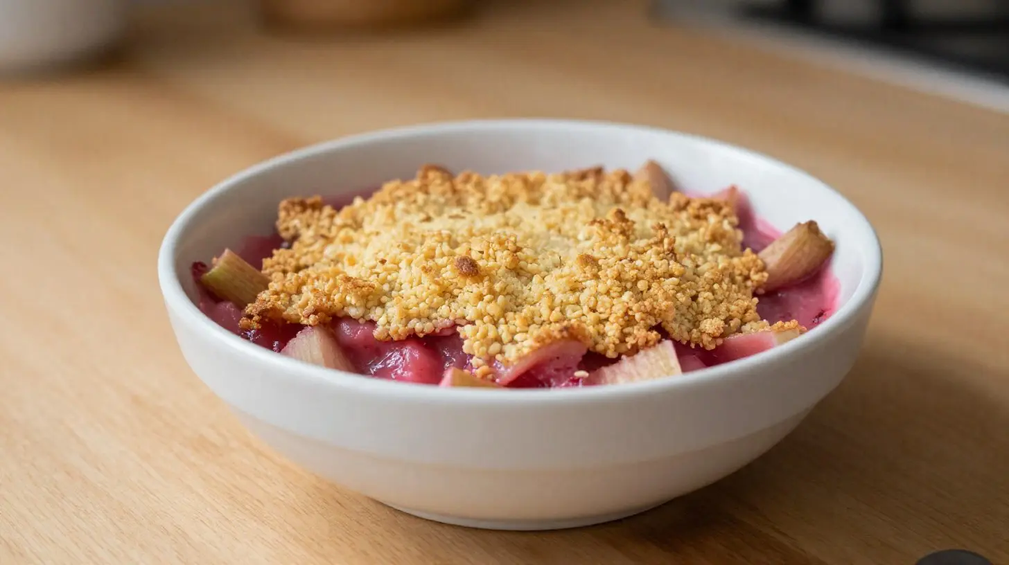 Heerlijke rabarbercrumble bereid in de Airfryer met een knapperige bovenlaag.