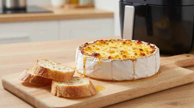 Heerlijke brie in de airfryer met een gouden krokante korst en een smeuïge binnenkant.
