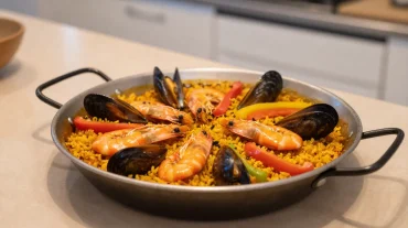 Heerlijke paella bereid in de Airfryer met verse zeevruchten en groenten.