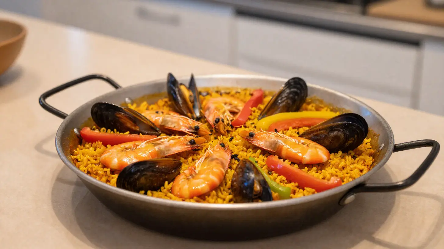 Heerlijke paella bereid in de Airfryer met verse zeevruchten en groenten.