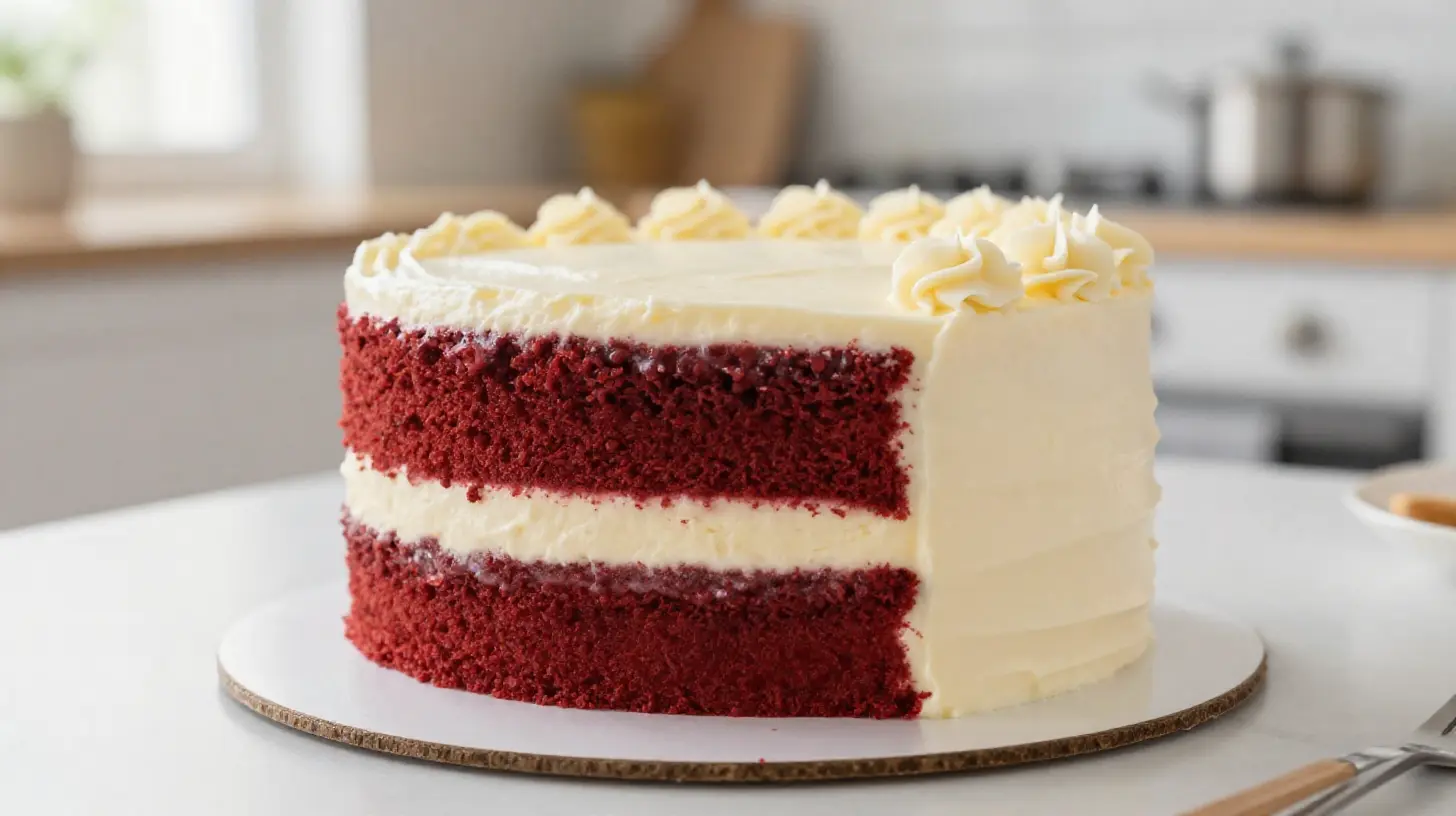 Smeuïge rode velvet cake bereid in de Airfryer met een romige topping.